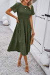 Smocked Round Neck Short Sleeve Midi Dress Casual Dresses - Tophatter Daily Deals