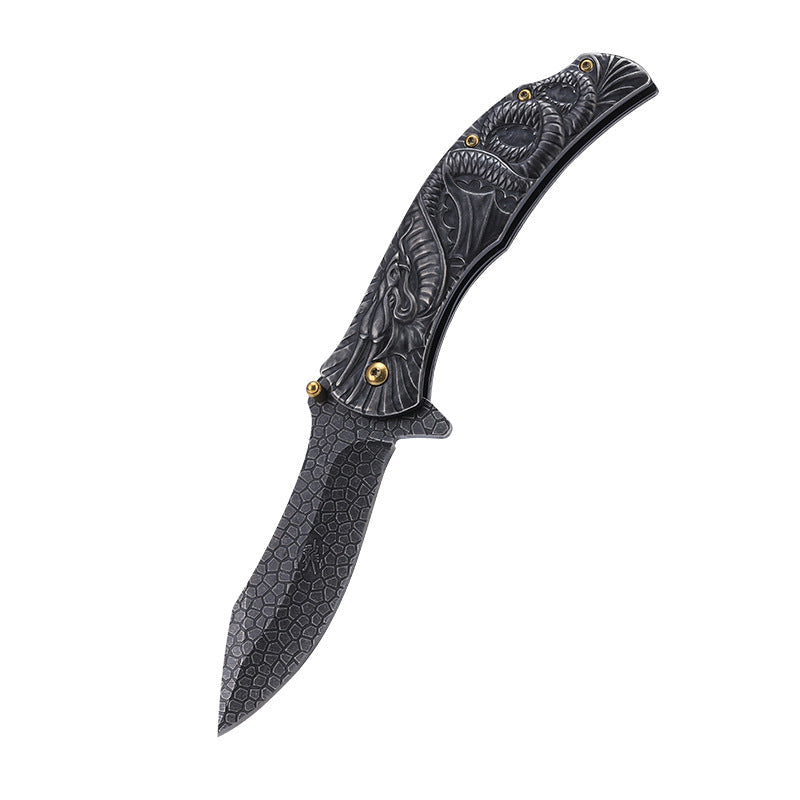 Dragon Embossed Handle Folding Knife Outdoor Camping Hunting Pocket EDC Tools No.2 - Tophatter Daily Deals