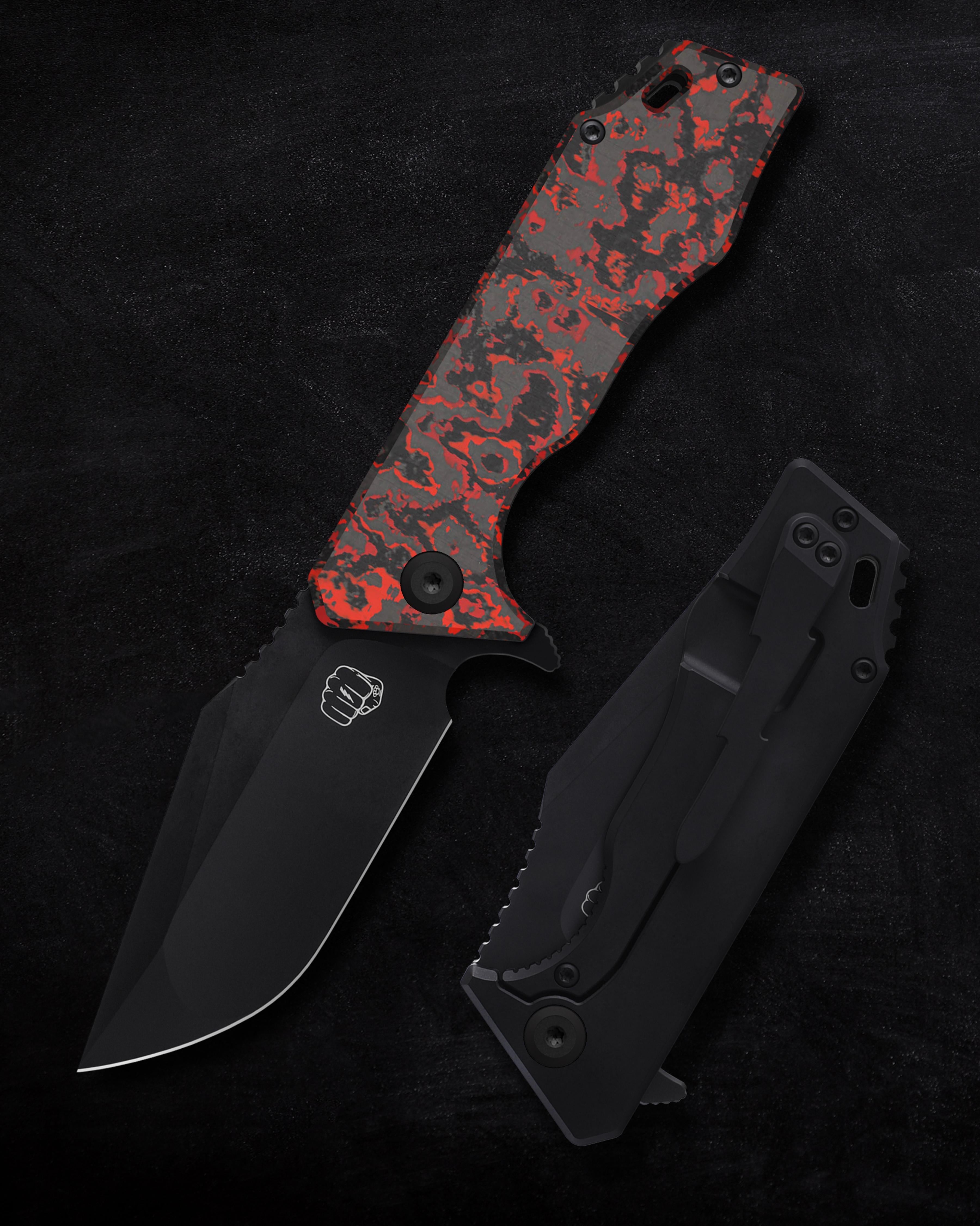 Something Obscene Company Mini J-Cape - St. Nick's Knives Exclusive - CPM-20CV Steel - Fat Carbon Lava Flow Front Scale - Titanium Handle - Flipper Knives - Tophatter Daily Deals