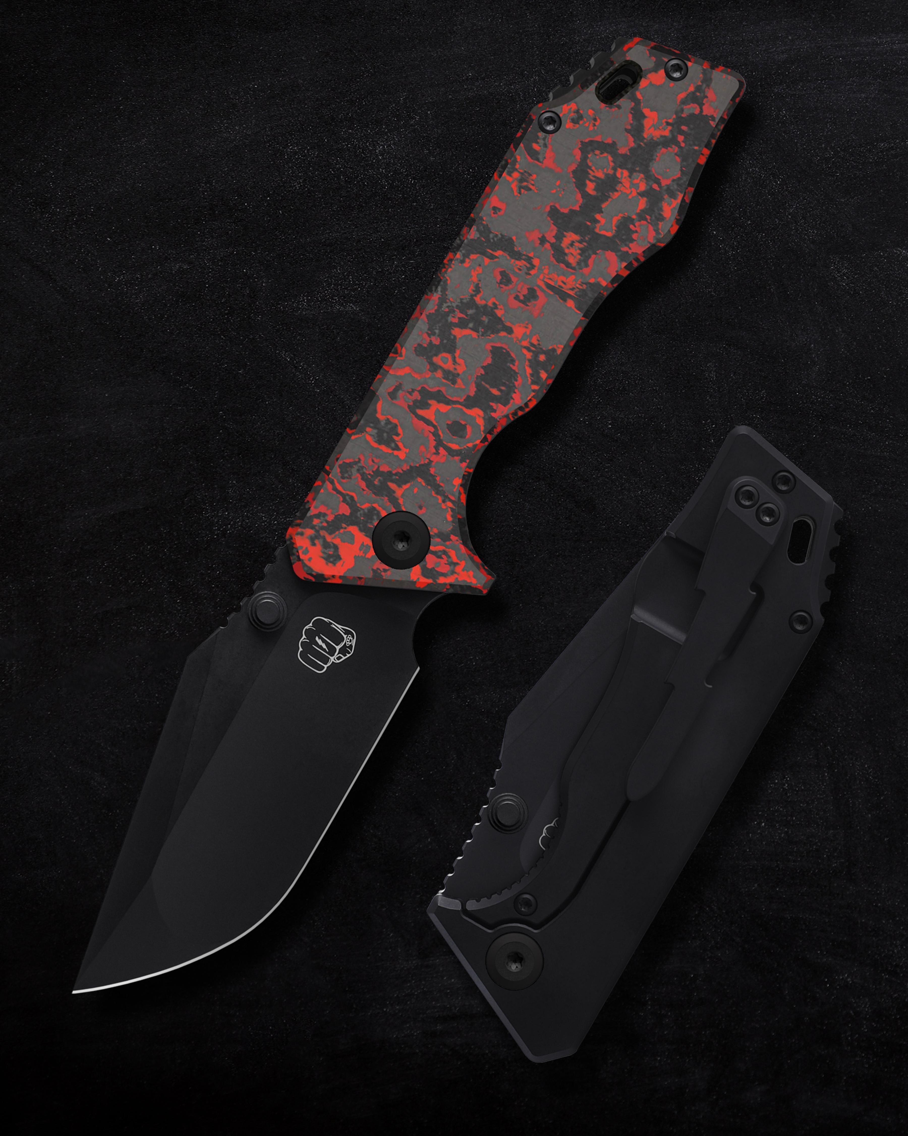 Something Obscene Company Mini J-Cape - St. Nick's Knives Exclusive - CPM-20CV Steel - Fat Carbon Lava Flow Front Scale - Titanium Handle - Thumbstud Knives - Tophatter Daily Deals