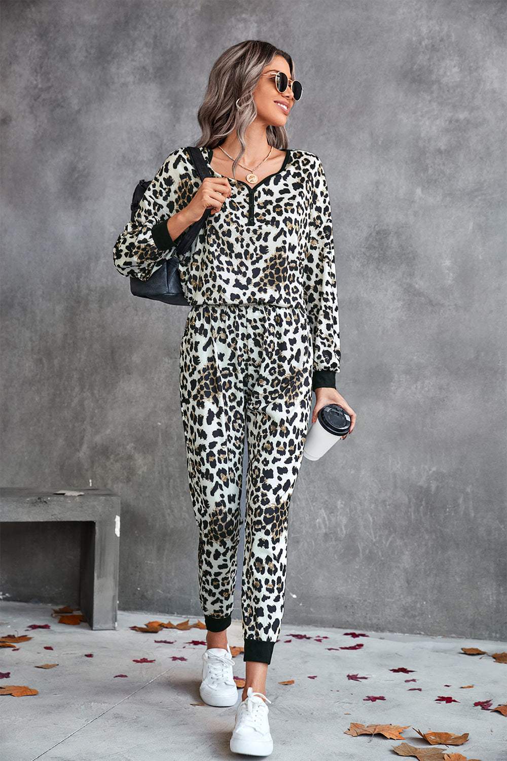 Leopard V-Neck Dropped Shoulder Loungewear Set Loungewear Sets - Tophatter Daily Deals