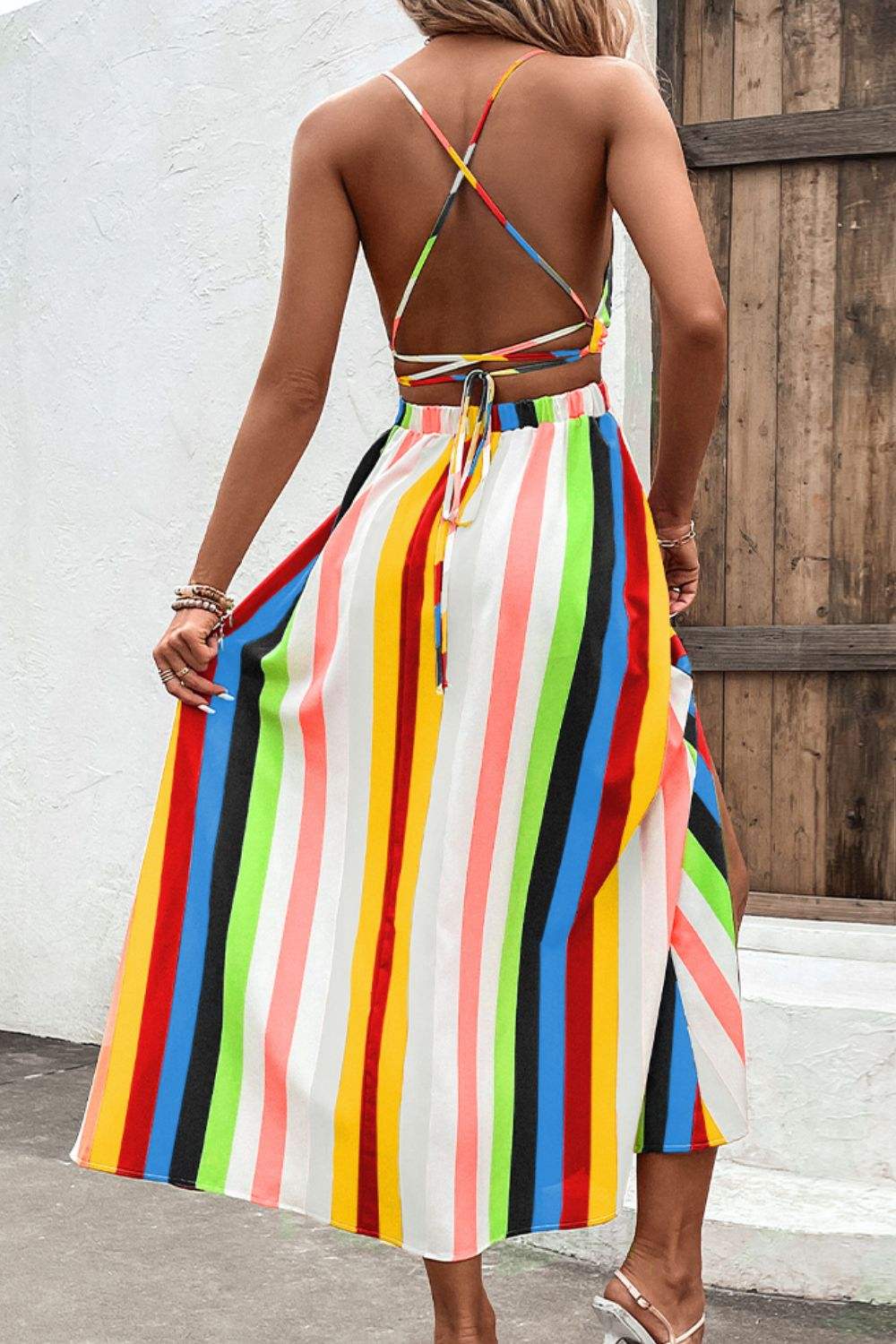 Multicolored Stripe Crisscross Backless Dress Casual Dresses - Tophatter Daily Deals