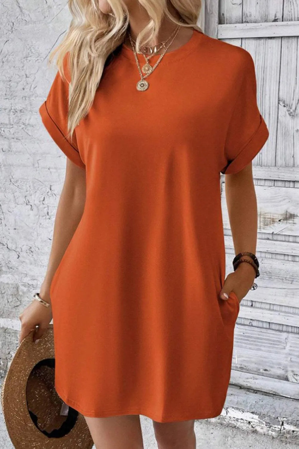 Pocketed Round Neck Short Sleeve Dress Casual Dresses - Tophatter Daily Deals