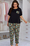 Plus Size Contrast Round Neck Tee and Floral Pants Lounge Set Black Loungewear Sets - Tophatter Daily Deals