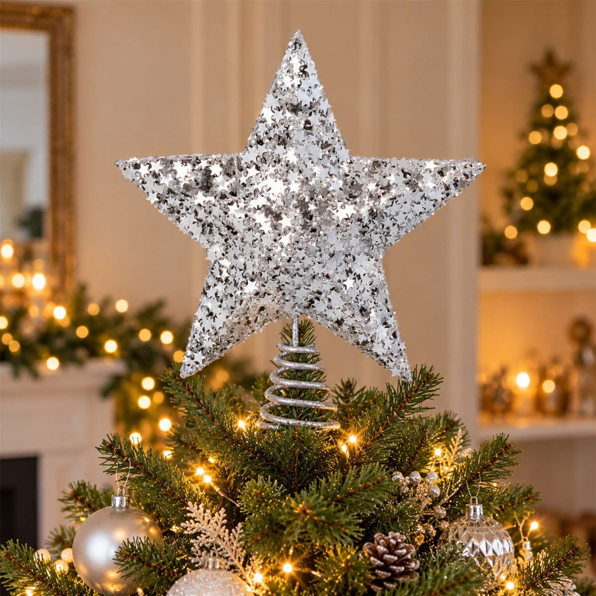Silver Star Confetti Christmas Tree Topper, Gisela Graham Glitter Star 29cm Tree Decoration - Tophatter Daily Deals