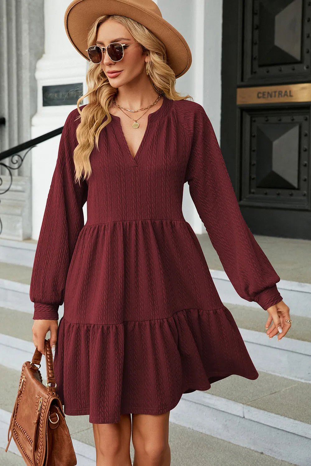 Ruched Notched Long Sleeve Mini Dress Wine Casual Dresses - Tophatter Daily Deals