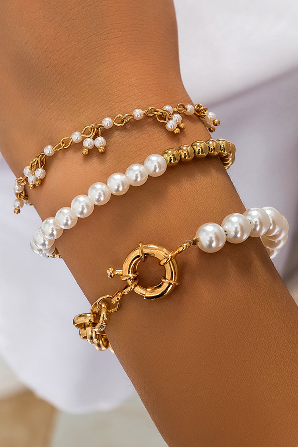 Gold 3pcs Pearl Pleated Alloy Beaded Bracelet Set Gold ONE SIZE Alloy Bracelets - Tophatter Daily Deals