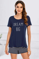 Graphic Round Neck Top and Striped Shorts Lounge Set Dark Blue Loungewear Sets - Tophatter Daily Deals