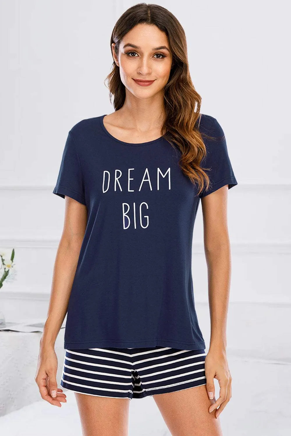 Graphic Round Neck Top and Striped Shorts Lounge Set Dark Blue Loungewear Sets - Tophatter Daily Deals