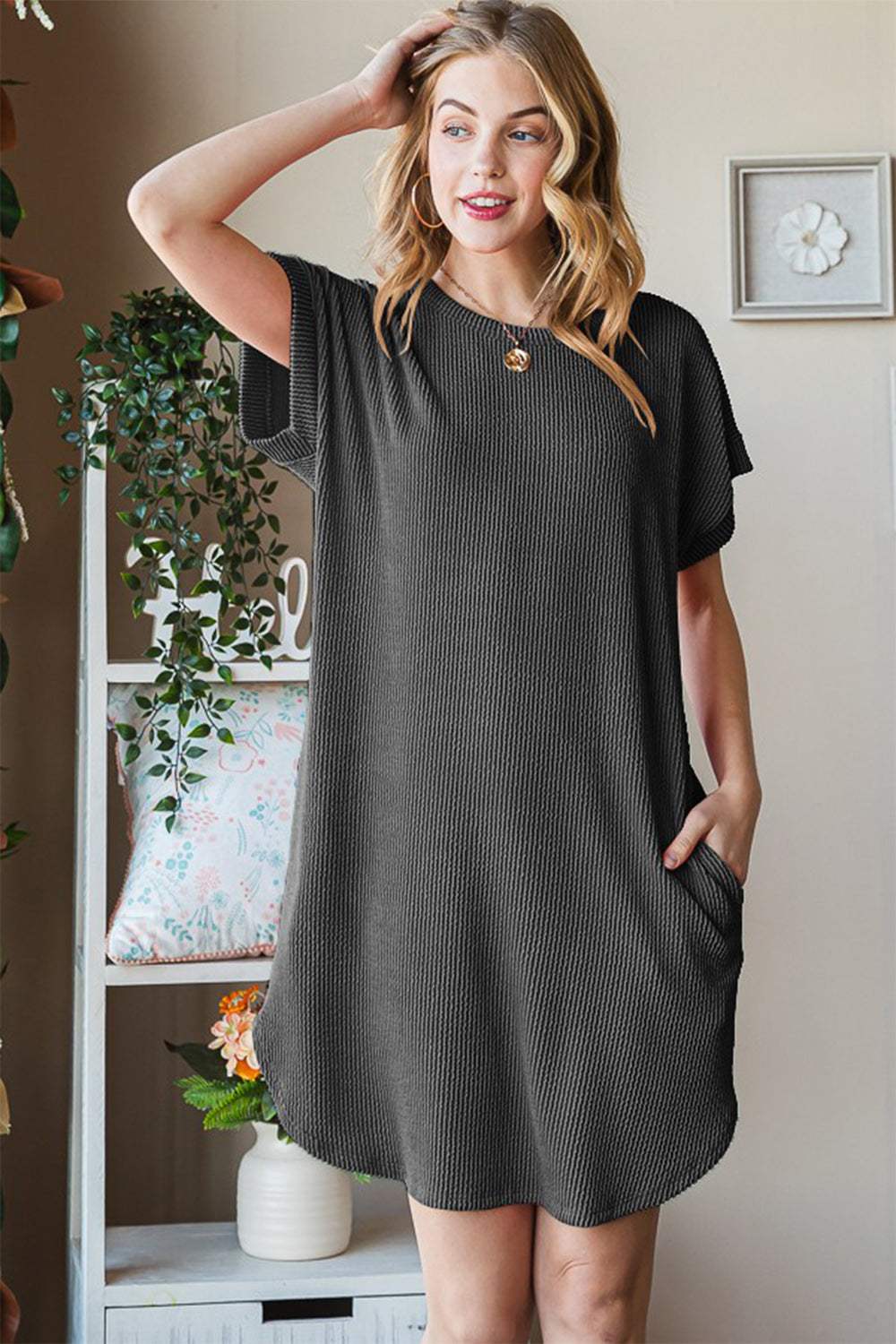 Heimish Full Size Ribbed Round Neck Short Sleeve Tee Dress Charcoal Casual Dresses - Tophatter Daily Deals