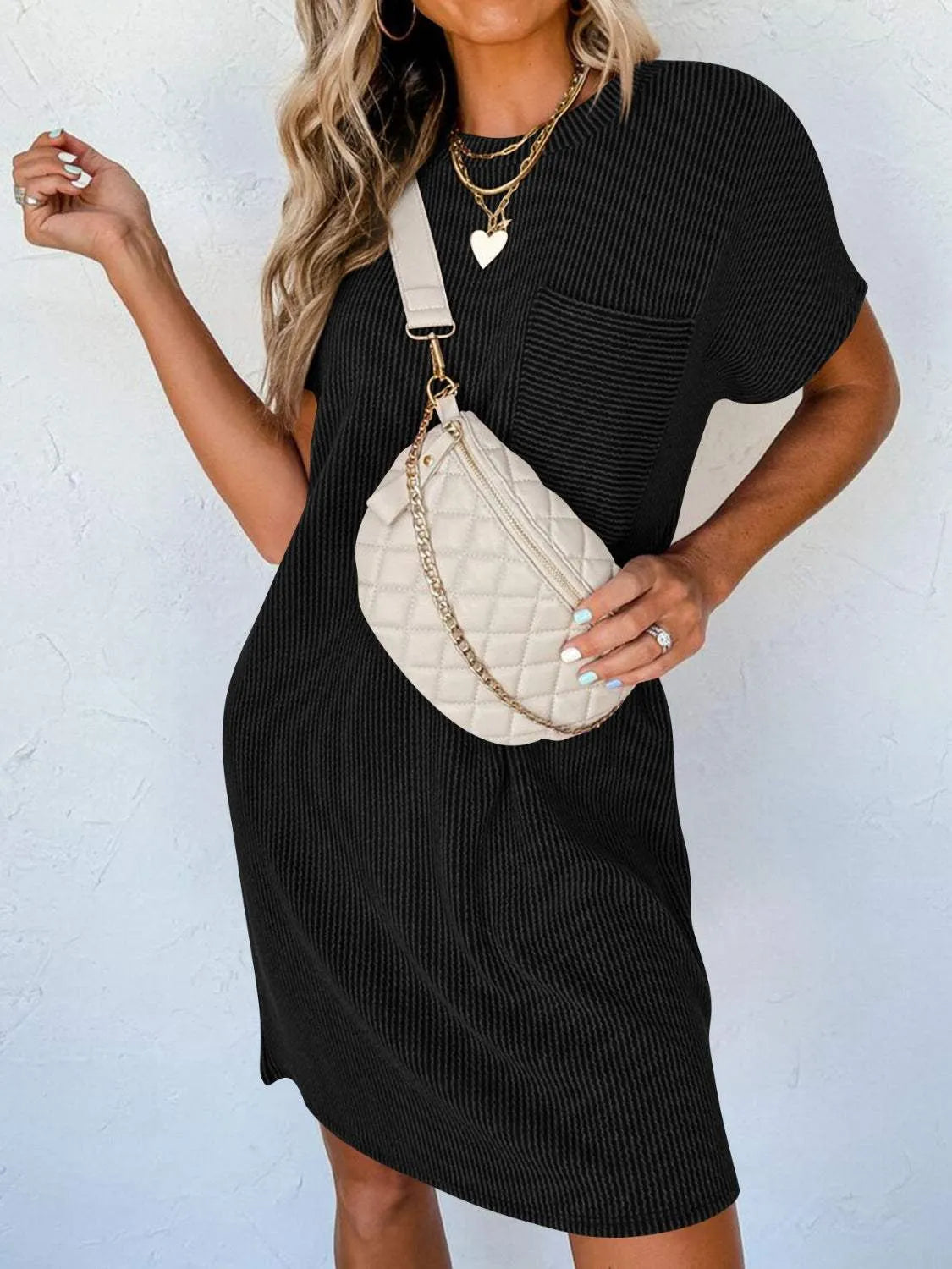 Round Neck Short Sleeve Mini Dress Black Casual Dresses - Tophatter Daily Deals