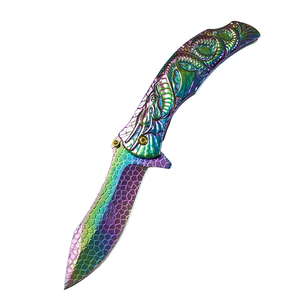 Dragon Embossed Handle Folding Knife Outdoor Camping Hunting Pocket EDC Tools No.3 - Tophatter Daily Deals
