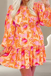 Frill Printed Long Sleeve Mini Dress Tangerine Casual Dresses - Tophatter Daily Deals