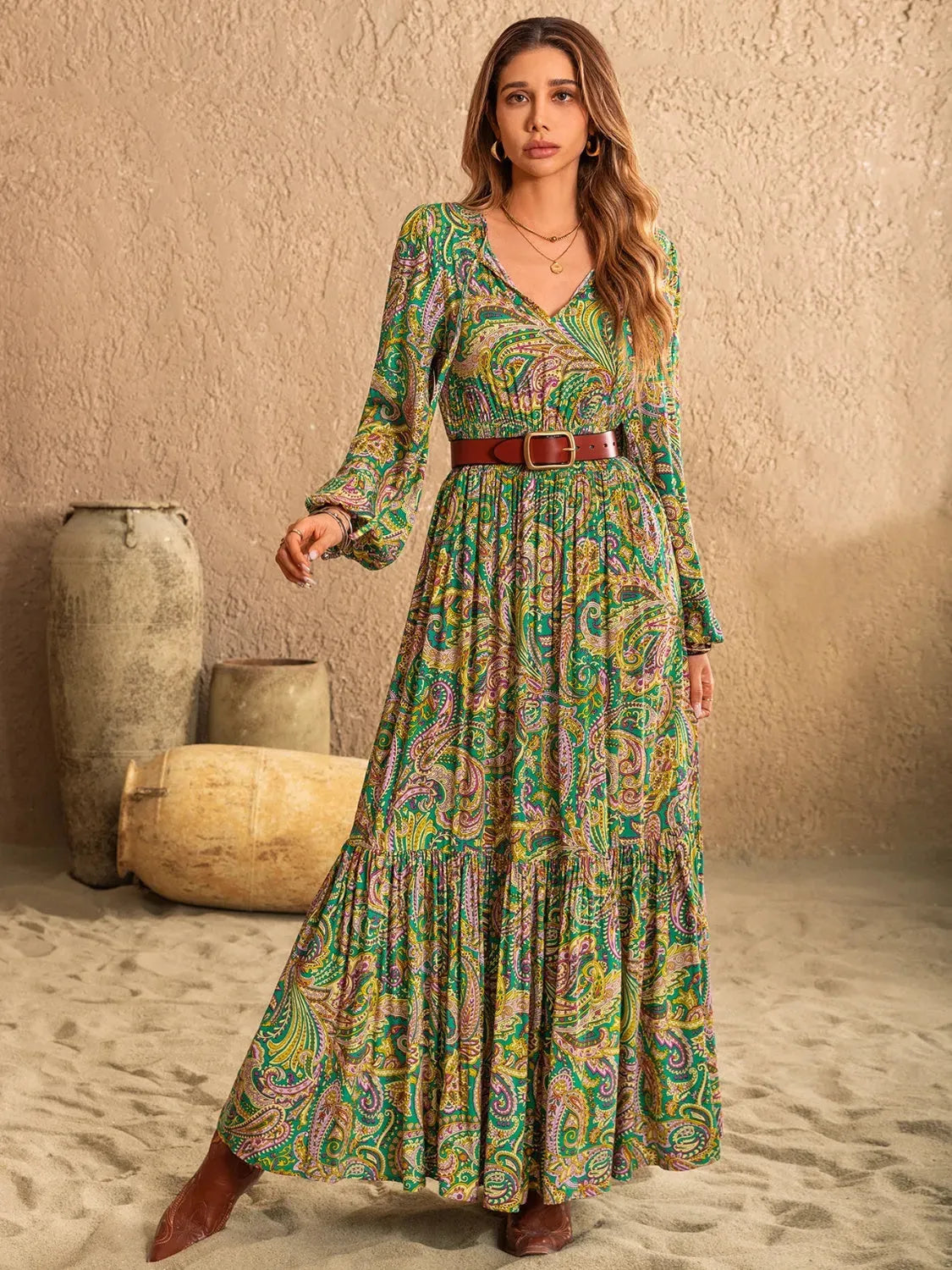 Printed Tie Neck Long Sleeve Dress Casual Dresses - Tophatter Daily Deals
