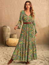 Printed Tie Neck Long Sleeve Dress Casual Dresses - Tophatter Daily Deals