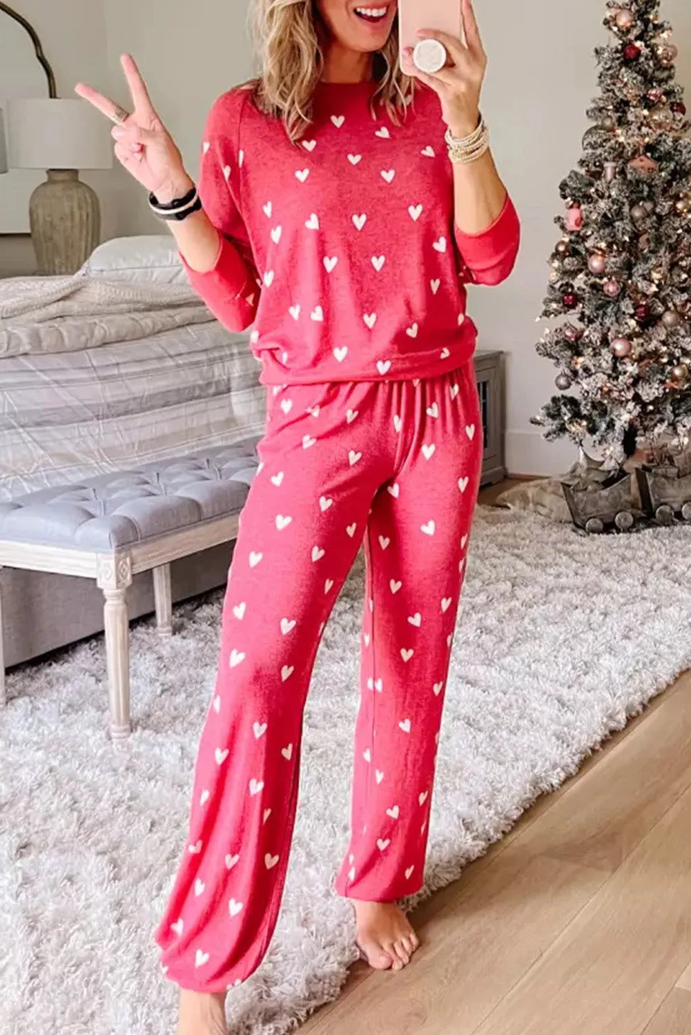 Fiery Red Valentines Heart Print Pants Set Fiery Red 95%Polyester+5%Elastane Loungewear & Sleepwear/Sleepwear - Tophatter Daily Deals