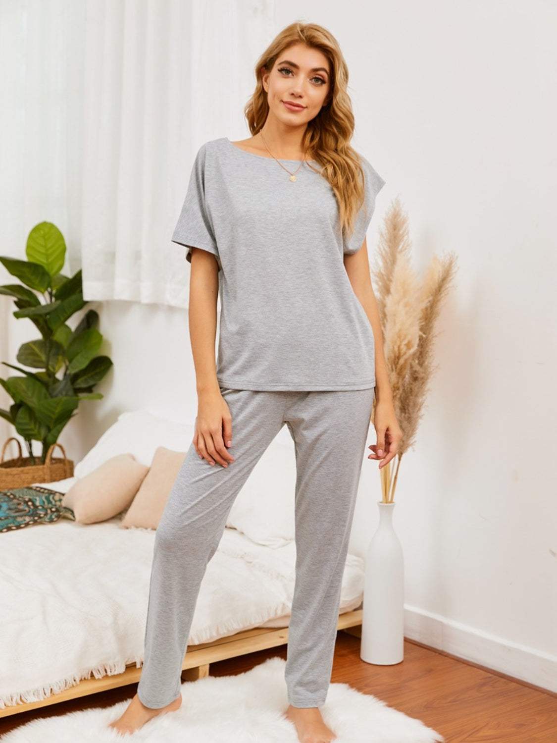 Boat Neck Top and Pants Lounge Set Heather Gray Loungewear Sets - Tophatter Daily Deals