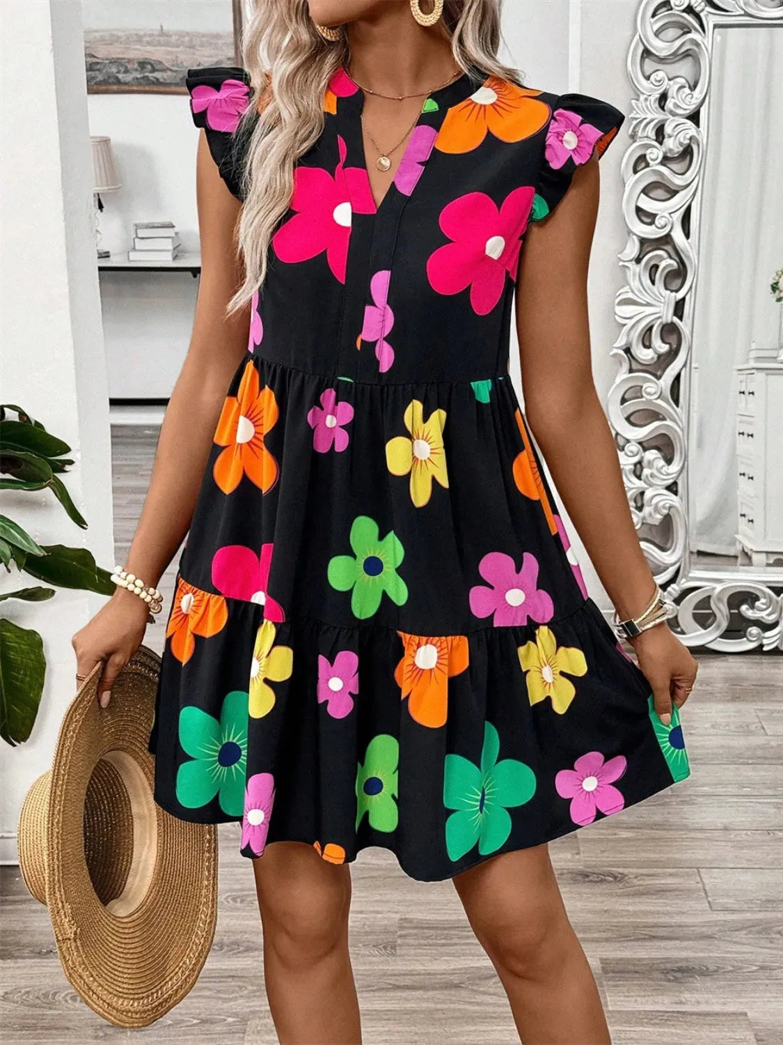 Ruffled Printed Notched Cap Sleeve Dress Black Casual Dresses - Tophatter Daily Deals