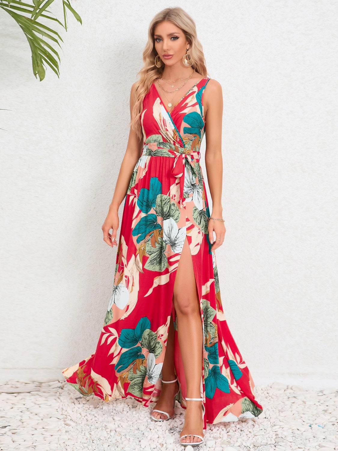 Slit Tied Printed Surplice Dress Red Casual Dresses - Tophatter Daily Deals