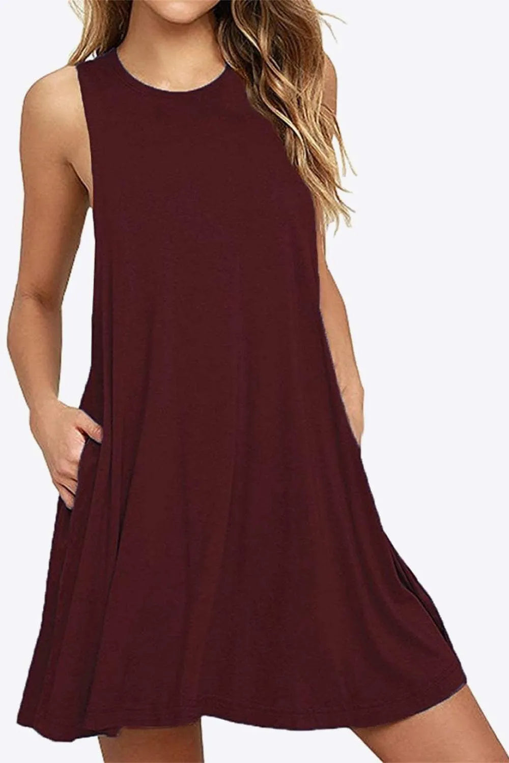 Full Size Round Neck Sleeveless Dress with Pockets Wine Casual Dresses - Tophatter Daily Deals