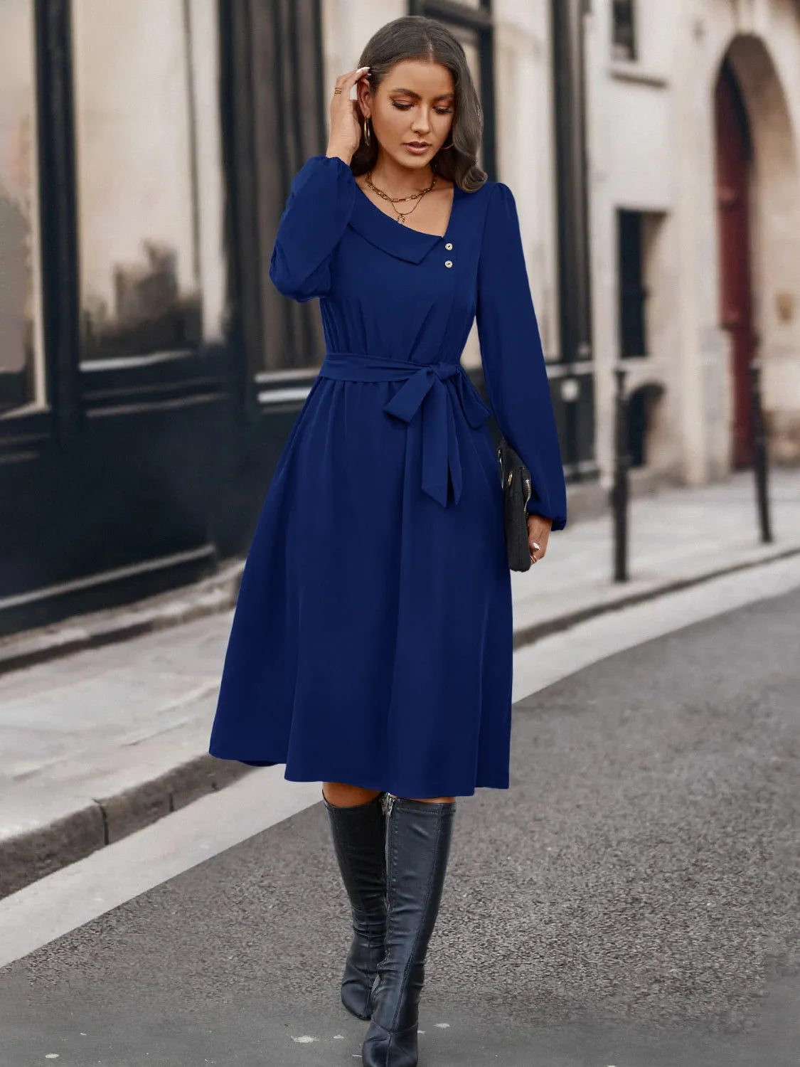 Buttoned Tie Front Long Sleeve Asymmetrical Neck Dress Navy Casual Dresses - Tophatter Daily Deals