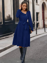Buttoned Tie Front Long Sleeve Asymmetrical Neck Dress Navy Casual Dresses - Tophatter Daily Deals