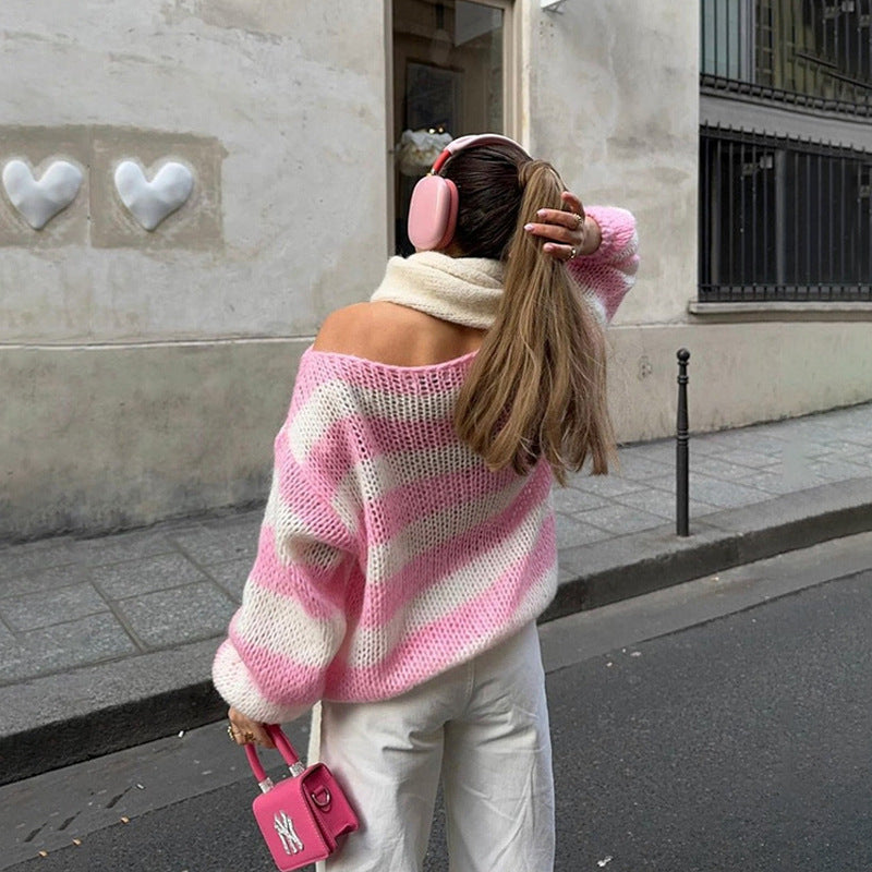 Oversized Cozy Women’s Pullover Sweater - Striped Knit 3D Changing Face Moving Picture Frame - Tophatter Daily Deals