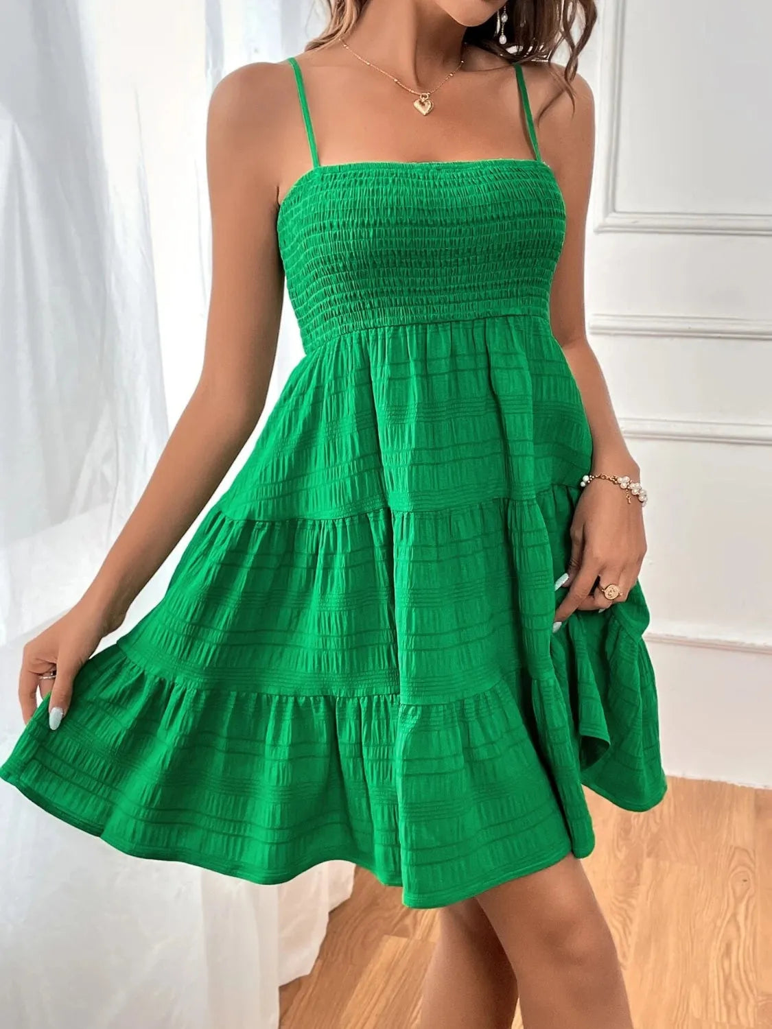 Smocked Tiered Sleeveless Mini Dress Mid Green Casual Dresses - Tophatter Daily Deals