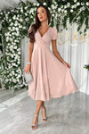 Surplice Puff Sleeve Midi Dress Watermelon pink Casual Dresses - Tophatter Daily Deals