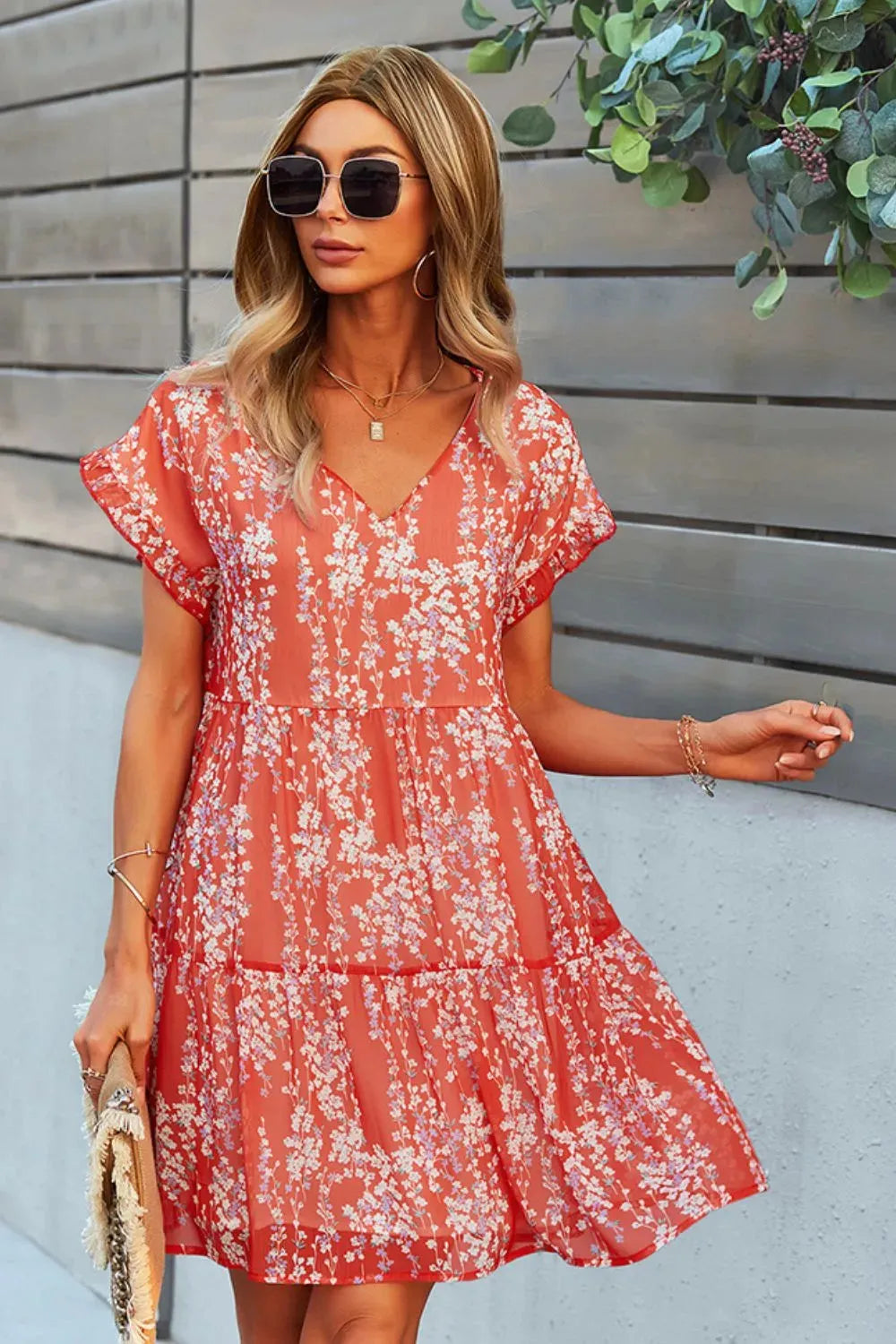 Printed V-Neck Short Sleeve Tiered Dress Red Orange Casual Dresses - Tophatter Daily Deals