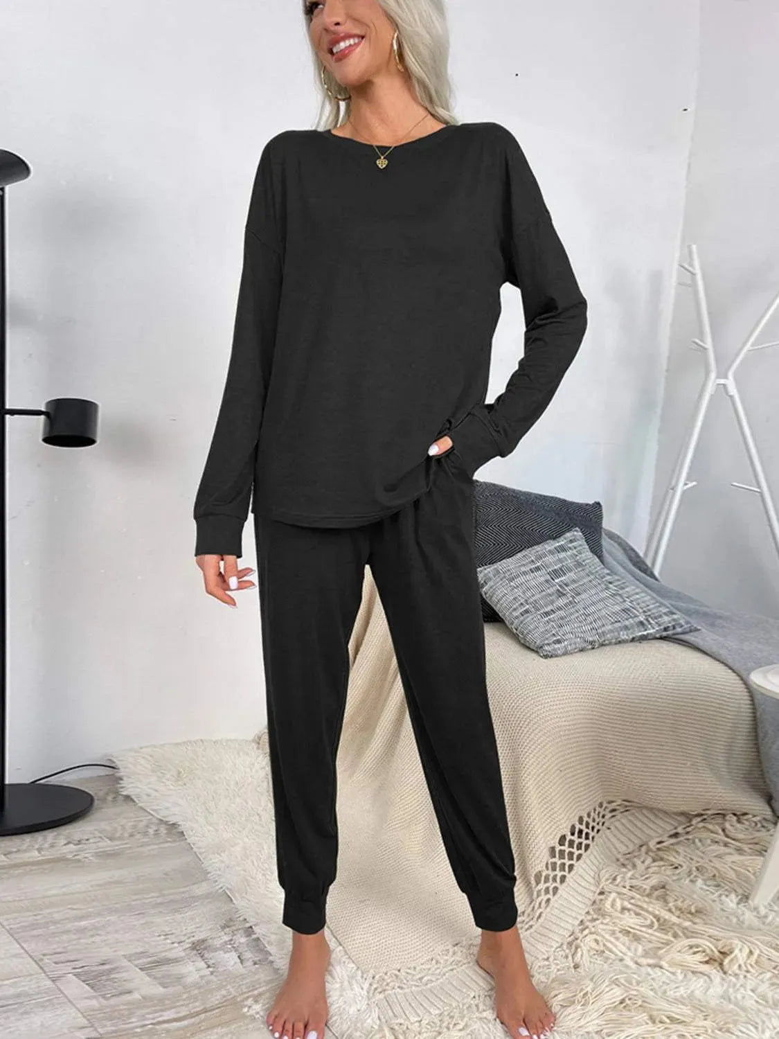 Round Neck Top and Drawstring Pants Lounge Set Loungewear Sets - Tophatter Daily Deals