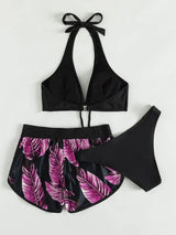 3pcs Leaf Print Bikini With Shorts Fashion Summer Beach Swimsuit Womens Clothing Pattern5 4 - Tophatter Daily Deals