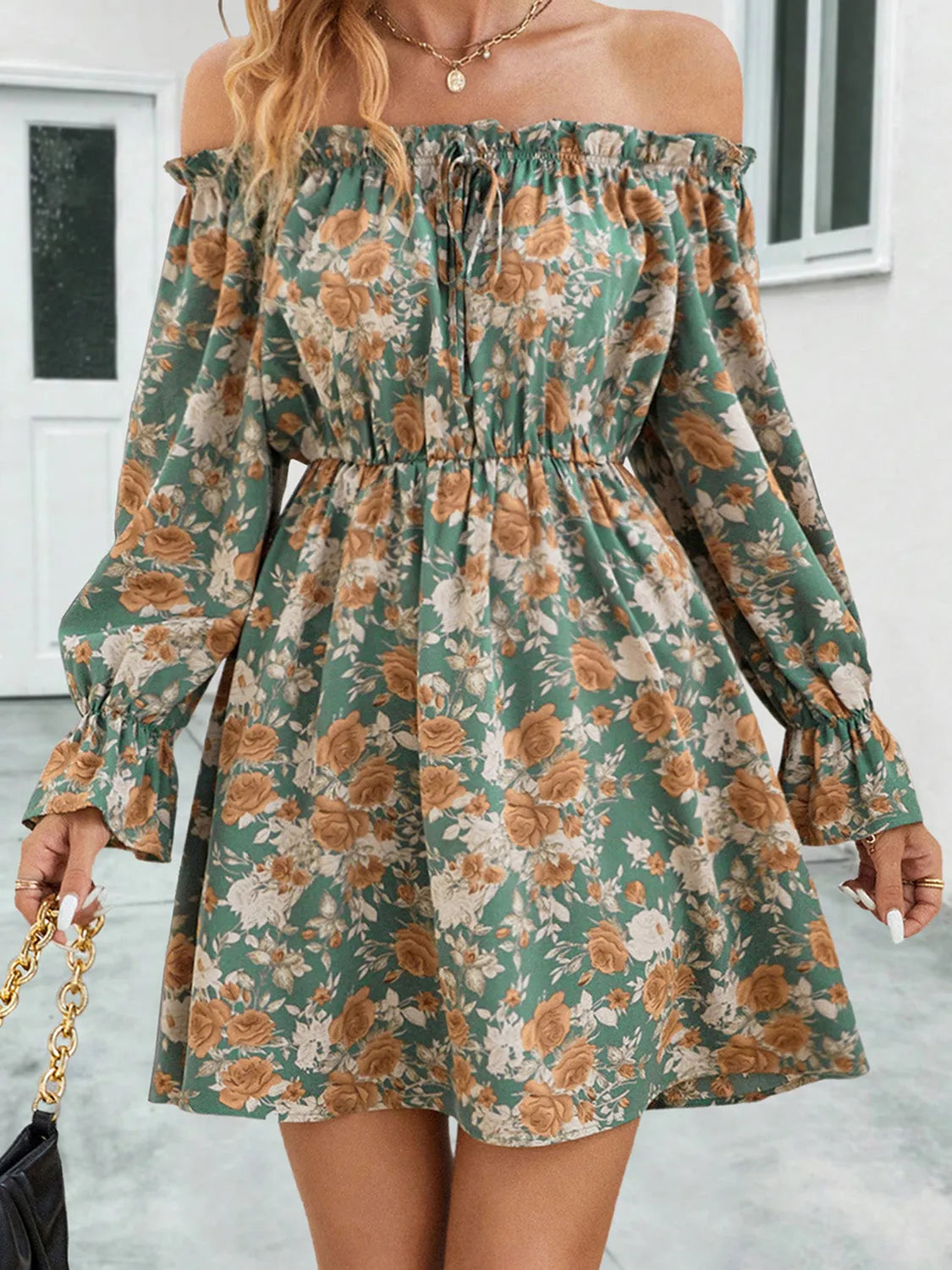 Floral Off-Shoulder Flounce Sleeve Dress Casual Dresses - Tophatter Daily Deals