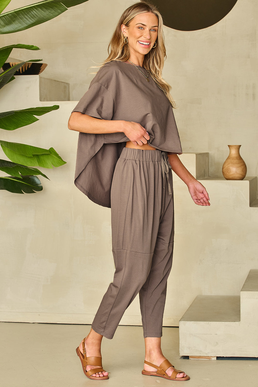 Simply Taupe High Low Boxy Fit Tee and Crop Pants Set Loungewear & Sleepwear/Loungewear - Tophatter Daily Deals