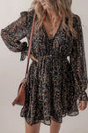 Printed Buttoned V-Neck Flounce Sleeve Dress Black Casual Dresses - Tophatter Daily Deals