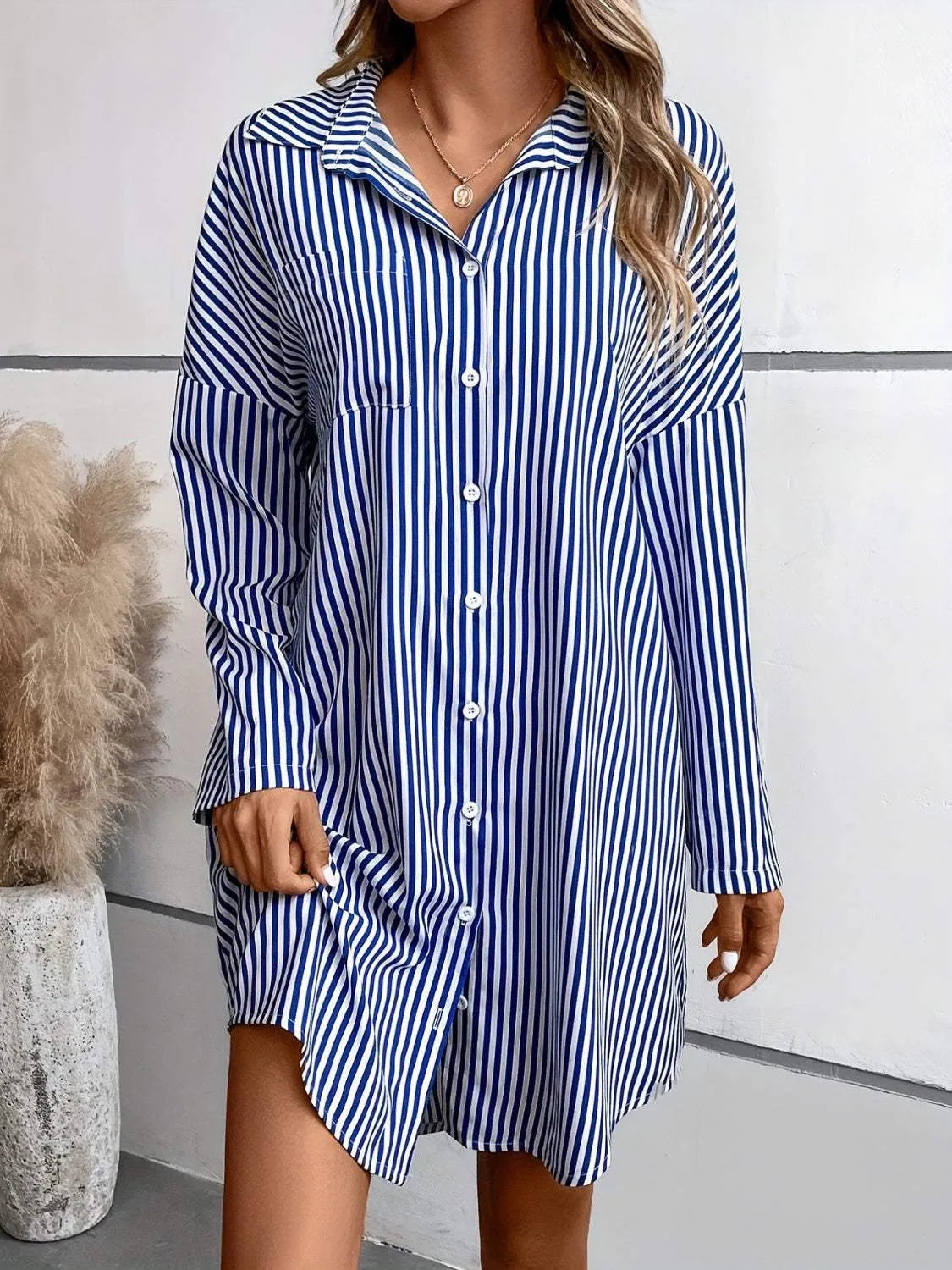 Striped Button Up Long Sleeve Mini Shirt Dress Casual Dresses - Tophatter Daily Deals