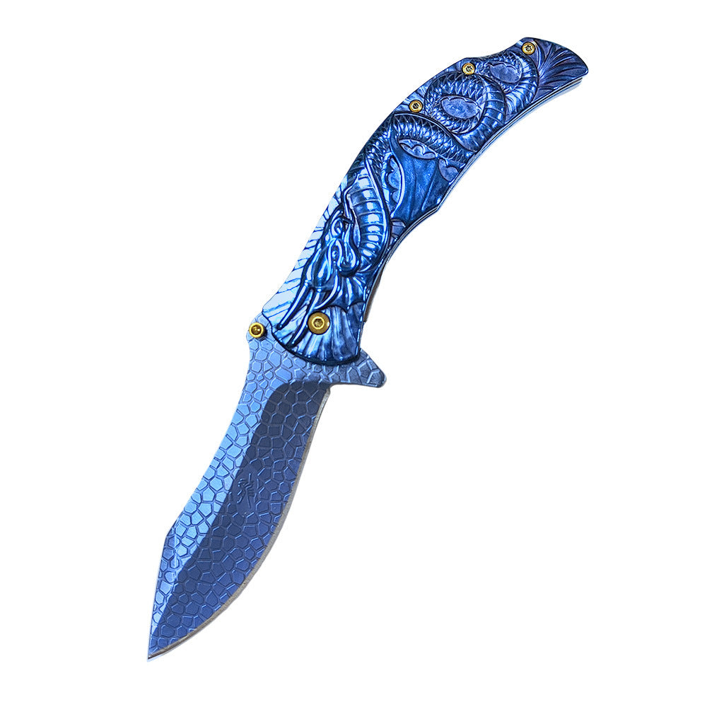 Dragon Embossed Handle Folding Knife Outdoor Camping Hunting Pocket EDC Tools No.4 - Tophatter Daily Deals