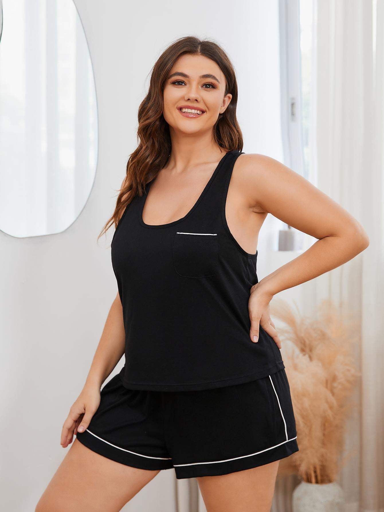 Plus Size Contrast Piping Racerback Tank and Shorts Lounge Set Loungewear Sets - Tophatter Daily Deals