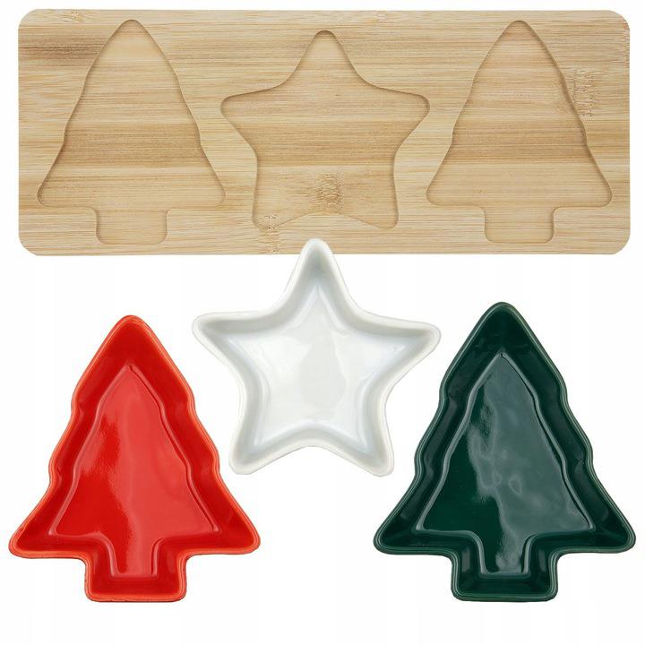 Christmas Serving Set | 3 Ceramic Snack Bowls with Bamboo Paddle Tray Serving Board - Tophatter Daily Deals