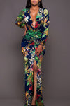 Printed Plunge Neck Leg Split Maxi Dress - Tophatter Deals