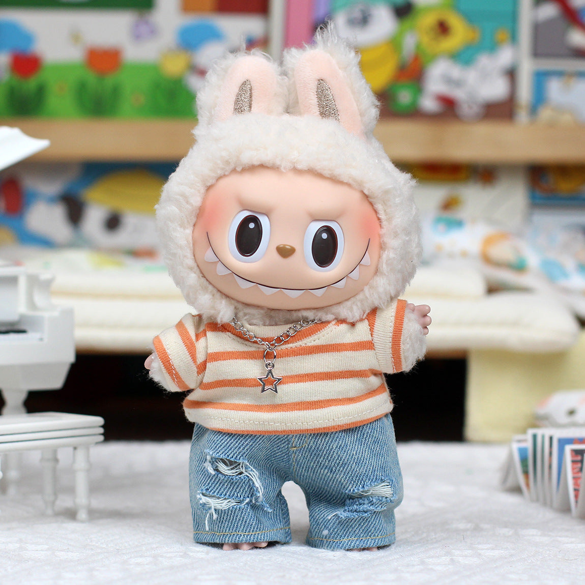 Clothing Only For Labubu Doll Striped T-Shirt Three-Piece Set (Orange) 17CM Labubu Doll Clothes (Doll Not Included) Doll Accessories - Tophatter Daily Deals