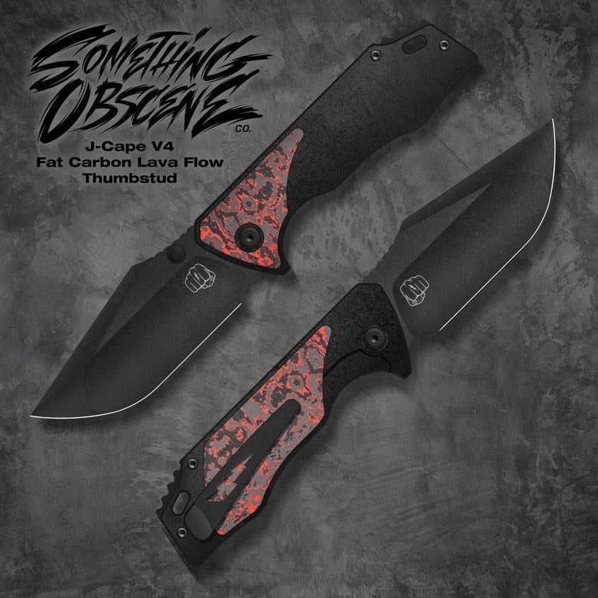 Something Obscene Company J-Cape V4- St. Nick's Knives Exclusive - CPM-20CV Steel - Fat Carbon Lava Flow Inlays - Blackout Titanium Handle - Thumbstud Knives - Tophatter Daily Deals