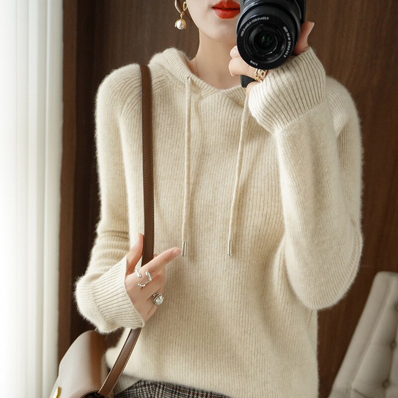 Soft Cozy Women's Hooded Sweater – Drop Shoulder Knit Beige - Tophatter Daily Deals
