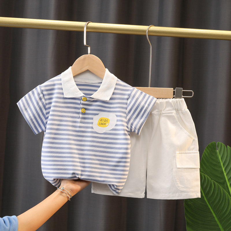 Boys' Summer Cute Stripes Solid Color Short-sleeved Shorts Two-piece Set 0 - Tophatter Daily Deals