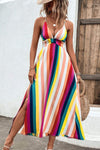 Multicolored Stripe Crisscross Backless Dress Casual Dresses - Tophatter Daily Deals