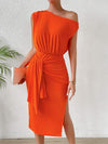 Tie Front Single Shoulder Slit Dress Red Orange Casual Dresses - Tophatter Daily Deals