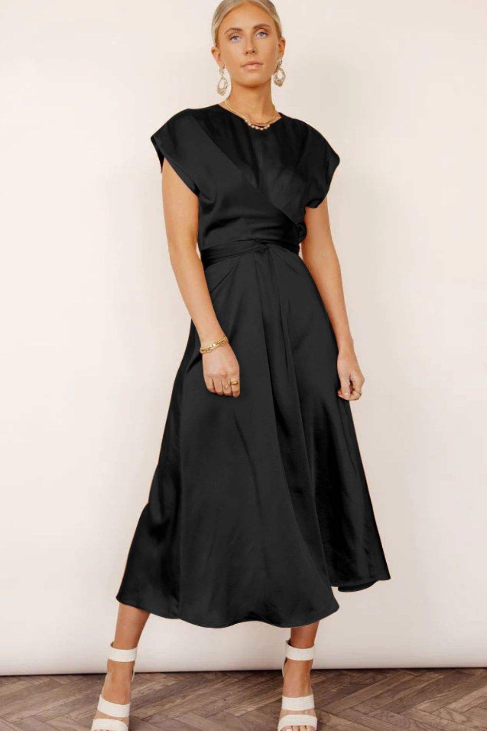 Satin Cap Sleeve Tie Back Midi Dress Black Casual Dresses - Tophatter Daily Deals