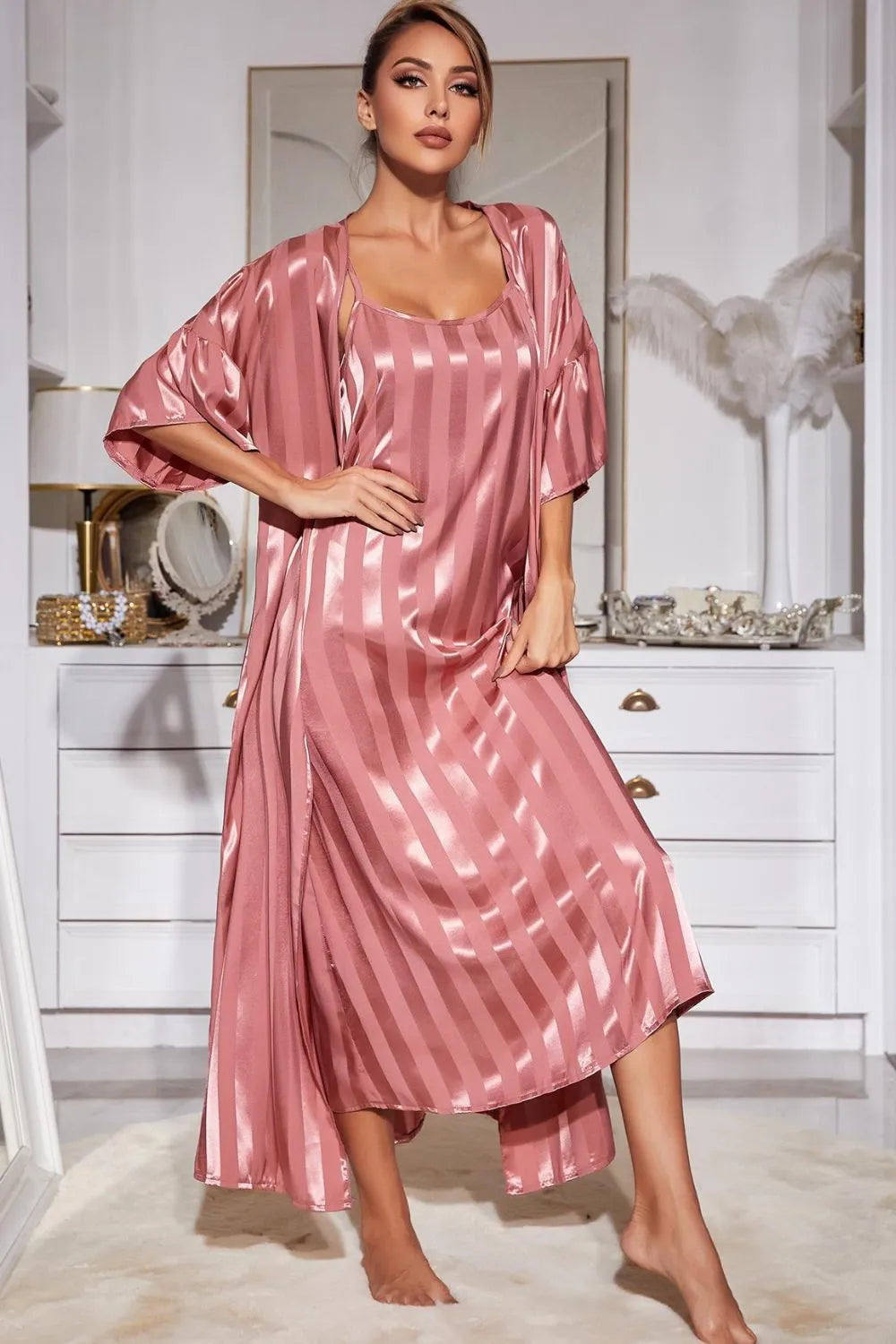 Striped Flounce Sleeve Open Front Robe and Cami Dress Set Loungewear Sets - Tophatter Daily Deals