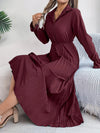 Pleated Half Button Long Sleeve Midi Dress Burgundy Casual Dresses - Tophatter Daily Deals