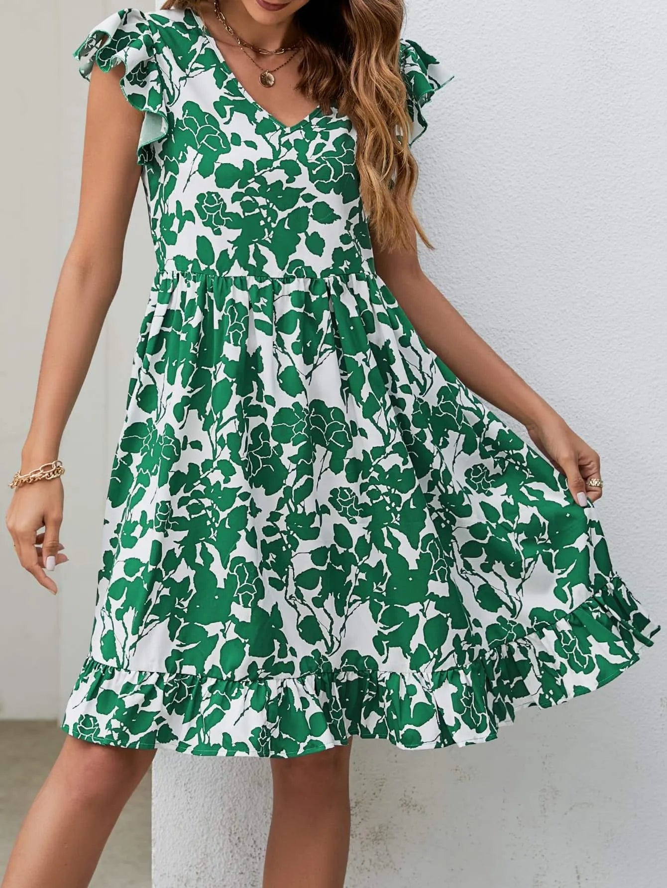 Floral V-Neck Flutter Sleeve Dress Casual Dresses - Tophatter Daily Deals